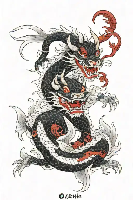 A Hannya Oni With A White Dragon And Red Fish With One Black Snake And One White Snake