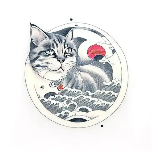 Cat Waves Rising Sun Japanese