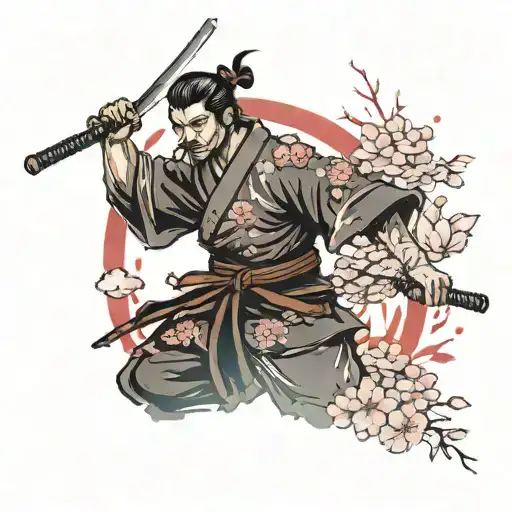 A Samurai Holding A Katana In Front Of Him In Blood And Dissolving Into Sakura Petals