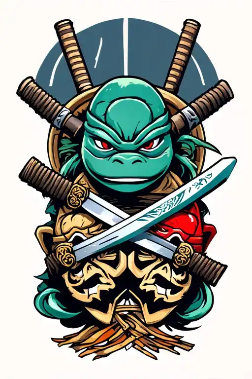 Katana With Nunchucks And Two Tmnt Masks Wrapped Around It