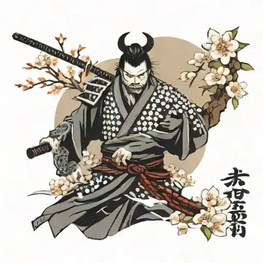 Samurai Against The Background Of Sakura Flowers