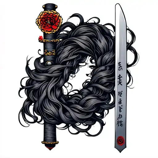 A Katana Sheathed In A Lock Of Hair Tangled Together Conjoined