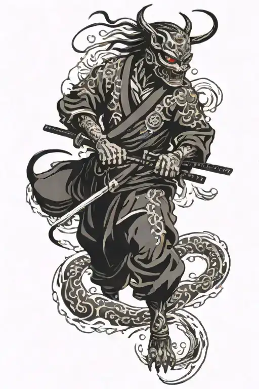 A Ninja Demon In A Fiery Sea Cuts Through Space