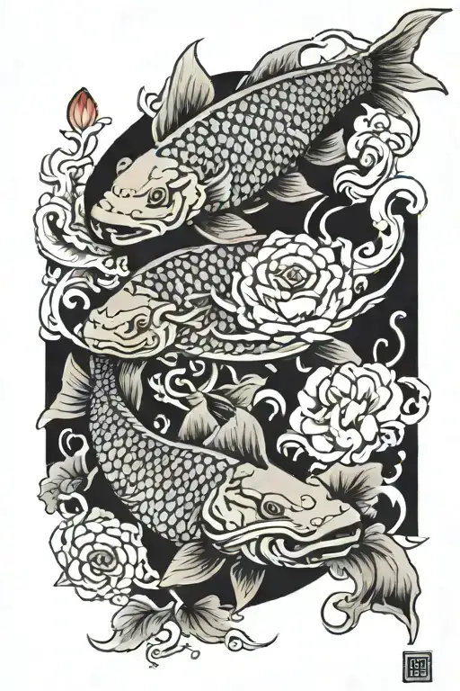 Fish Koi And Oni Mask Surrounded