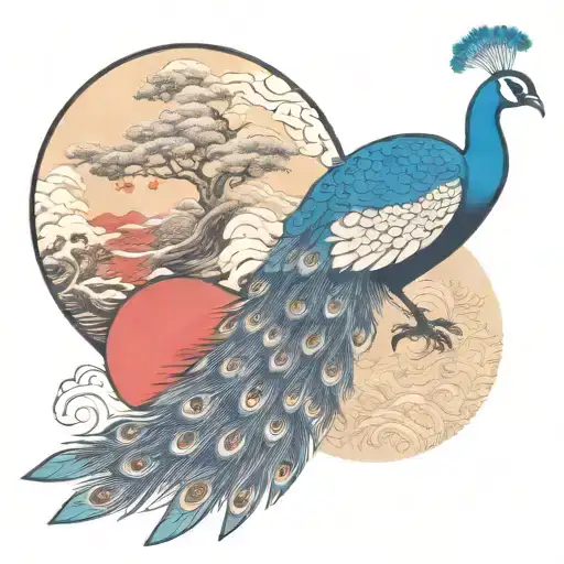 Big Red Sun And A Peacock Flying Im Background