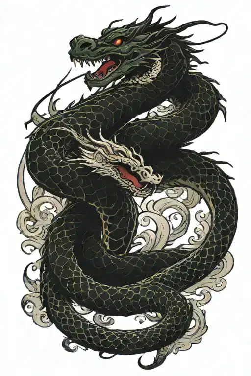 Dragon Fighting A Snake Coiled