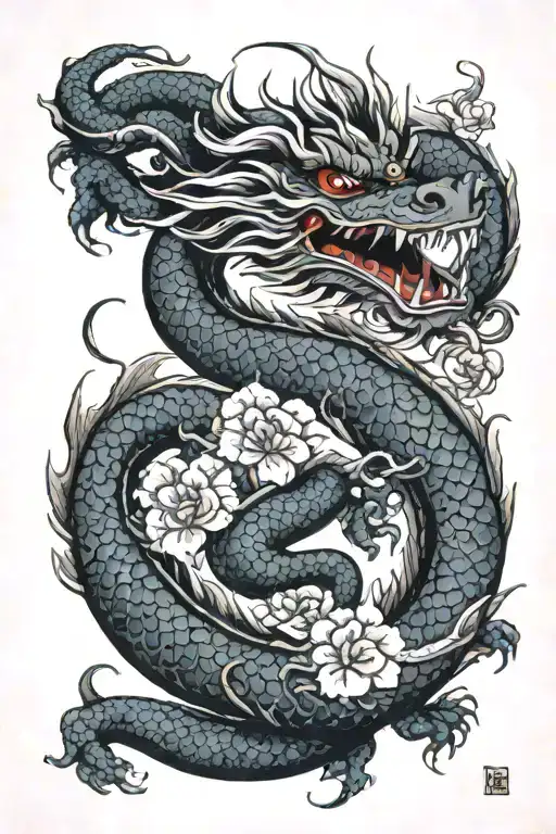 Japanese Dragon With Flowers