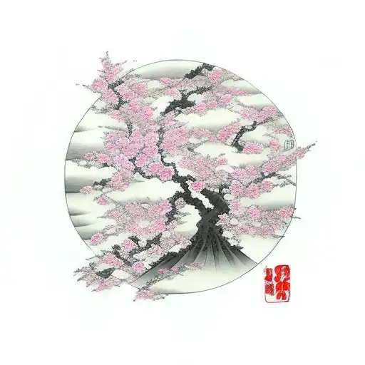 Sakura Tree With Geisha And Handfan