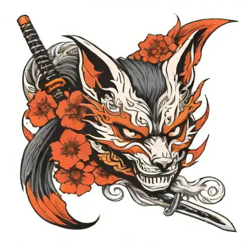 Mask Kitsune With Sakurai And Katana