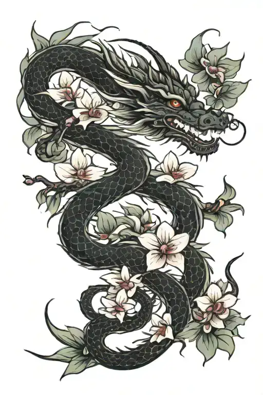 Dragon Between Orchid Flowers