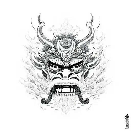 Black And White Oni Mask With A Light Smoke Coming From Behind