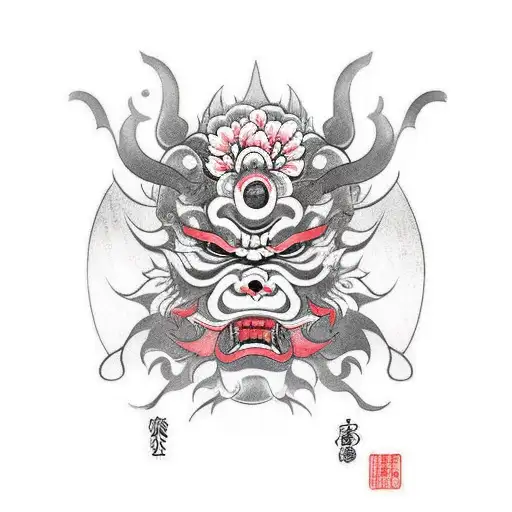 Oni Mask On The Background Sakura Flower