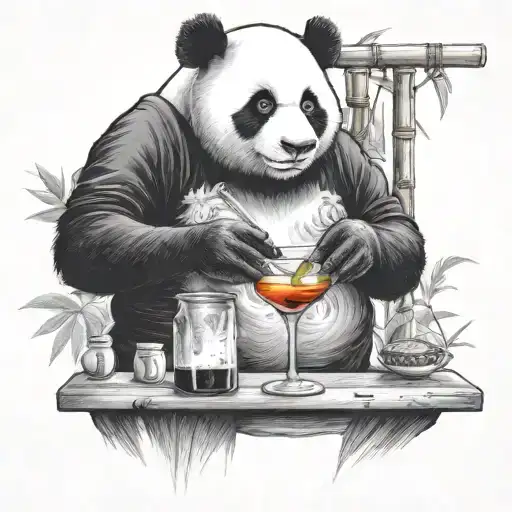 A Black And White Panda Bartender Mixing A Cocktail On A Bamboo Bar Counter