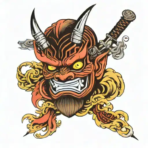 Japanese Demon Mask With A Katano In The Center
