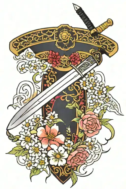 Japanese Sword And Flowers