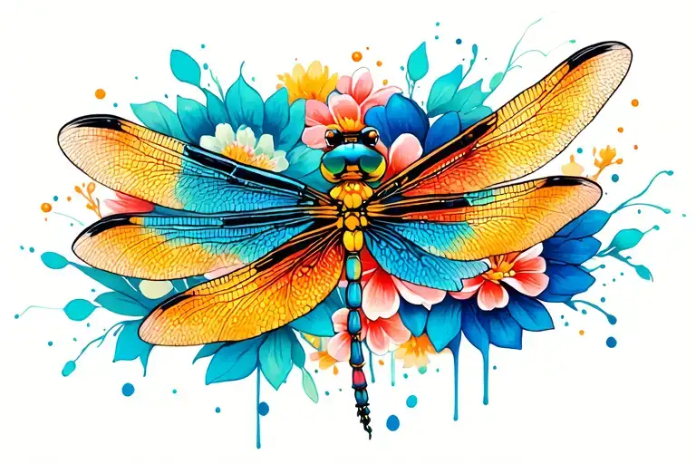 Dragonfly With Flowers And Body Paint Splatters
