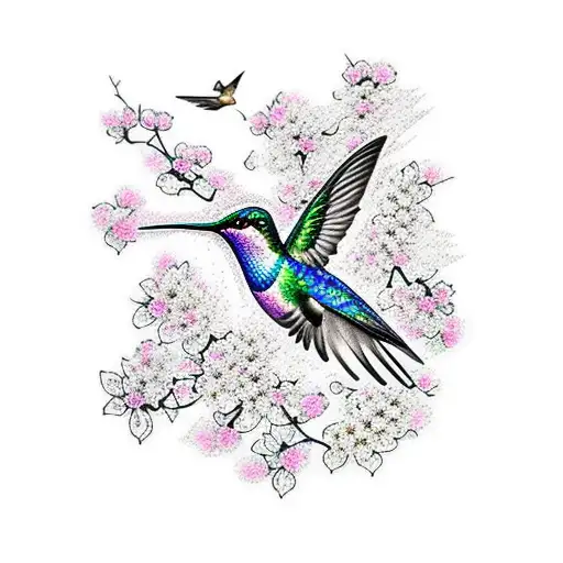 A Blackwork Tattoo Of A Hummingbird Surrounded By Sakura Blossoms