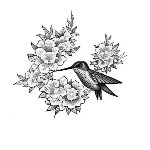 A Blackwork Tattoo Of A Hummingbird Surrounded By Sakura Blossoms