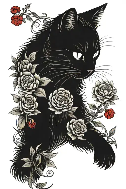 Cat Surrounded With Japanese Style Red Peonies Flower
