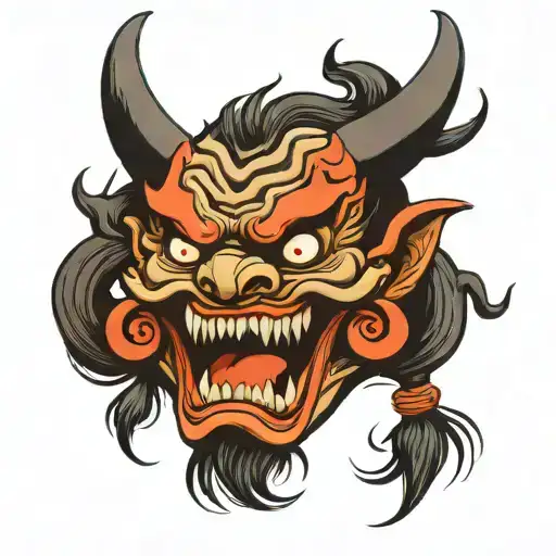Japanese Demon Mask With Horns And Fangs