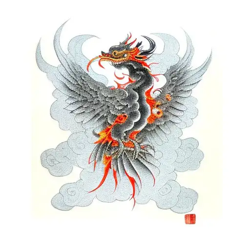 Complete Ancient Chinese Vermillion Bird Surrounded By Flames With Burning Wings Looking Dangerous