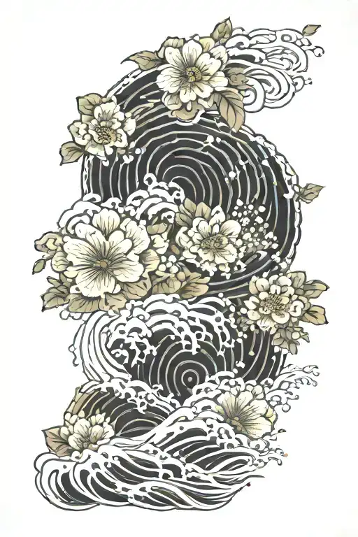 Japan Waves Flowers Black