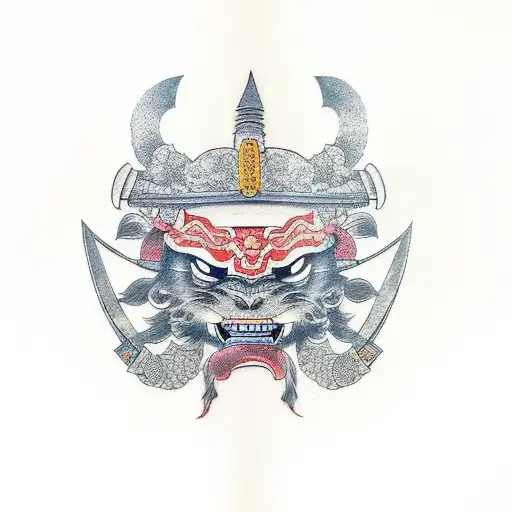 Boca De Un Samurai Con Colmillos En La Mano