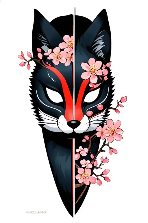 Kitsune Japanese Mask Split In Half With Cherry Blossoms