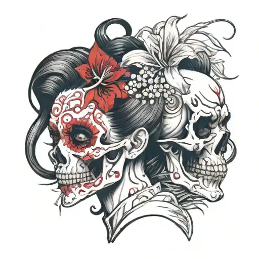 Red Spider Lily Side Profile Skull Geisha