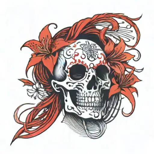 Red Spider Lily Side Profile Half Flesh And Half One Skull Geisha