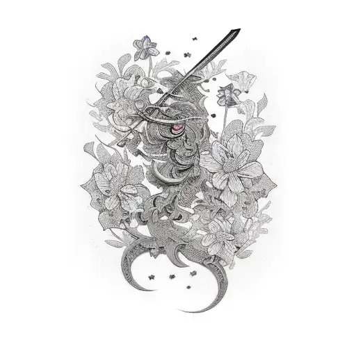 Vertical Sword With Flowers And Butterflys