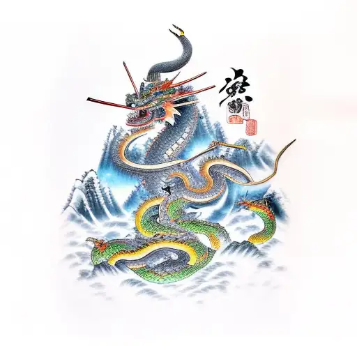 Samurai In Front Of A Waterfall With A Dragon And A Crane And A Snake In The Background