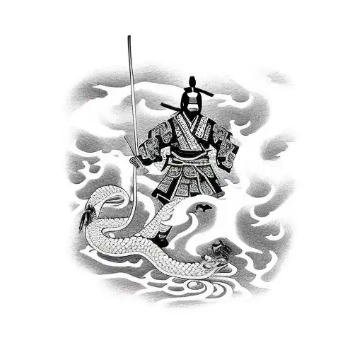 Samurai In Front Of A Waterfall With A Dragon And A Crane And A Snake In The Background