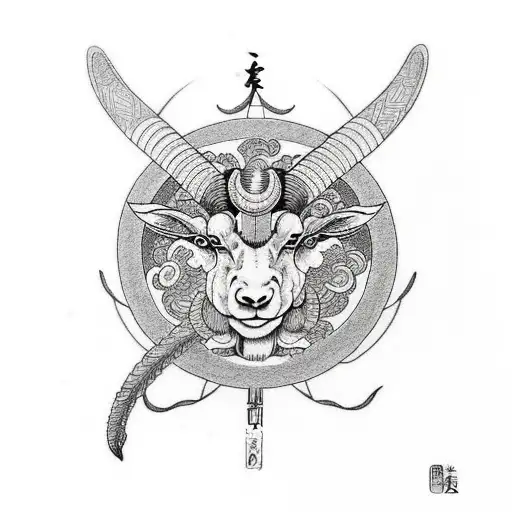 Saturn In Traditional Japanese Art With Capricorn Goat