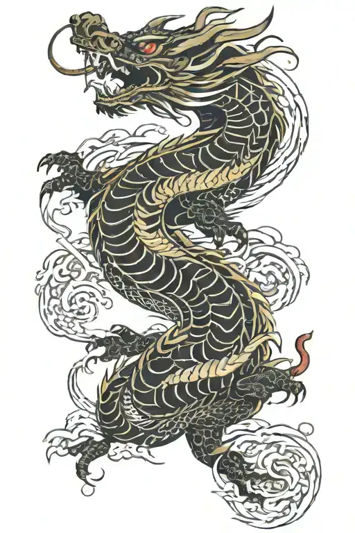 A Full Sleeve Tatoo Of A Japanese Dragon With Some Samurai Masks