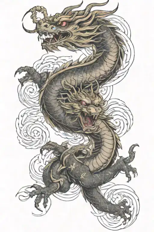 A Full Sleeve Tatoo Of A Japanese Dragon With Some Samurai Masks Around The Dragon