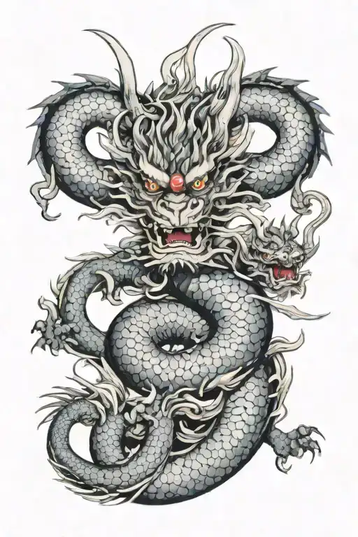 A Full Sleeve Tatoo Of A Japanese Dragon With Some Samurai Masks Around The Dragon