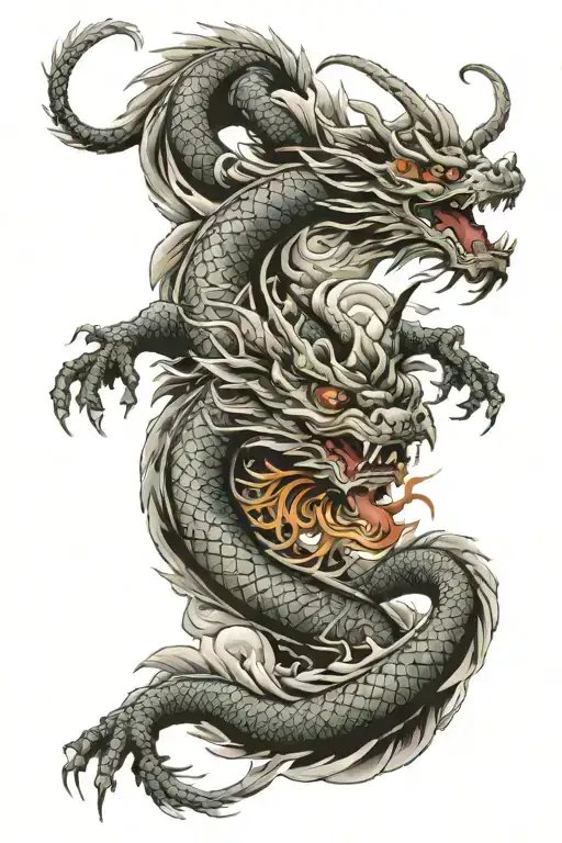 A Full Sleeve Tattoo Of A Japanese Dragon With Some Samurai Masks Around It