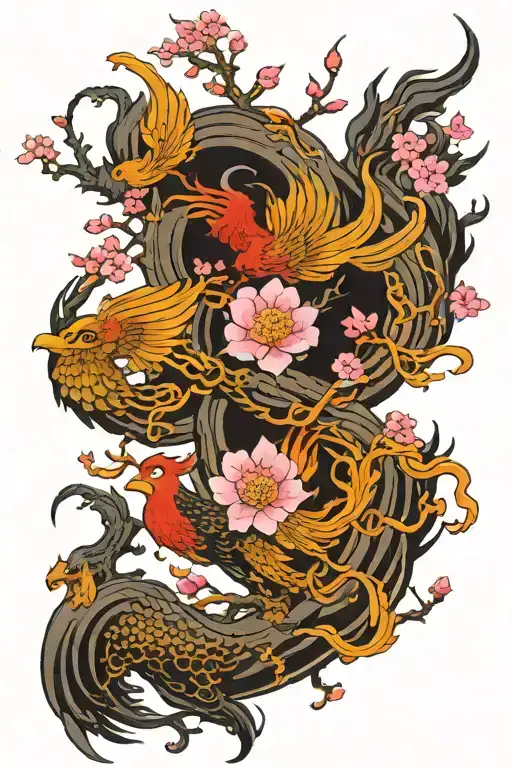 Cherry Blossom Tree And Phoenix Rising