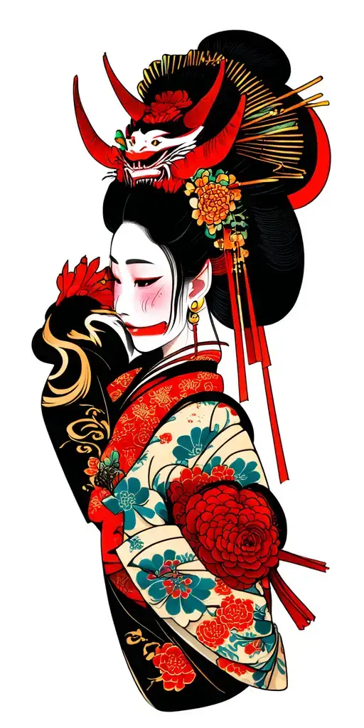 Geisha Removing Face To Show Hannya Demon Mask
