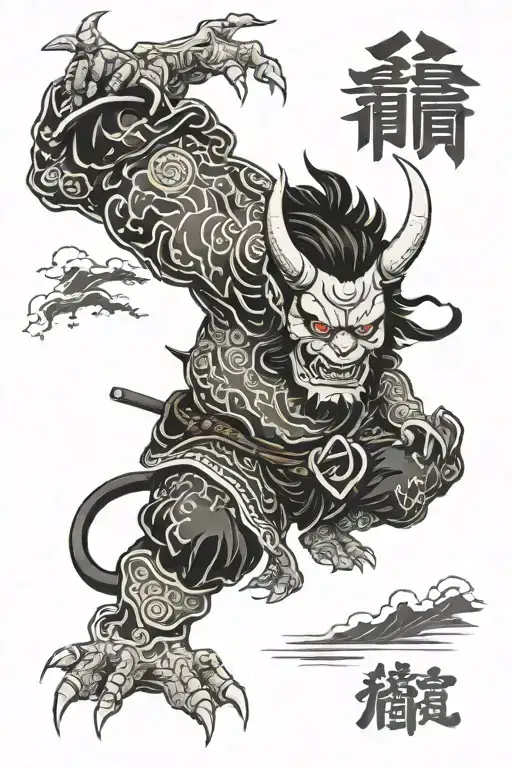 Demon Oni With Samurai And The Rising Sun Of Japan