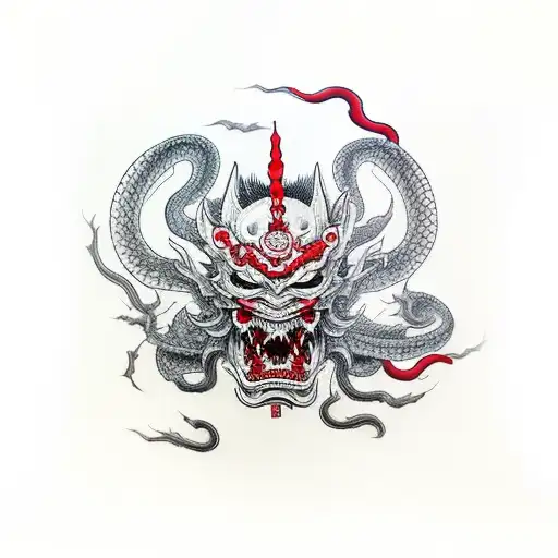 Red Hannya Mask Fighting With Black Snake With A Background Natural Full Leg Sleeve