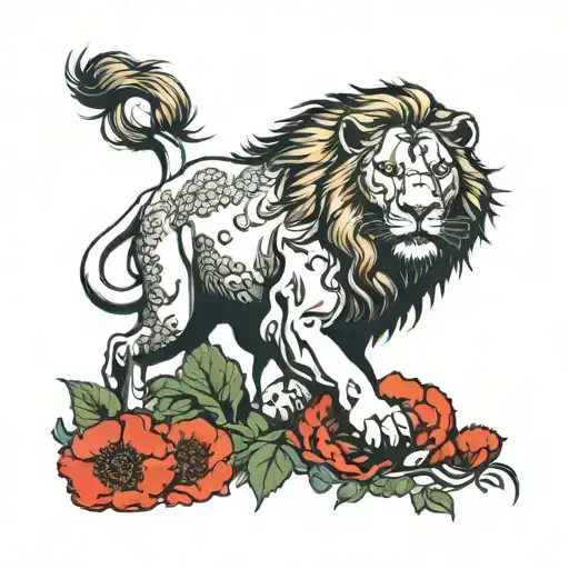 A Majestic Female Lion From Wizard Of Oz With Red Poppies
