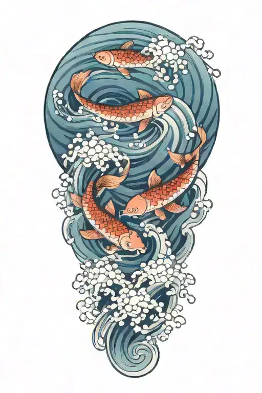 3 Carps Surrounded By Waves And Clouds