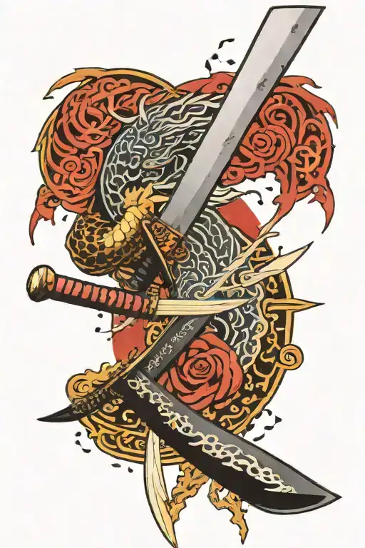 Japanese Katana With A Japanese Symbol Intertwined With Lightning Around It