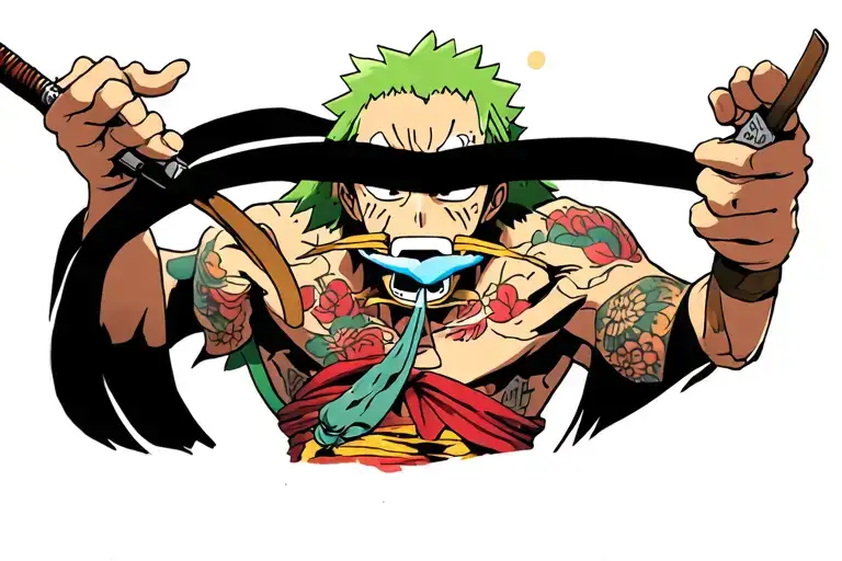 The Character Zoro De One Piece In The Scene That Has An Oz In His Mouth And Preparing To Attack