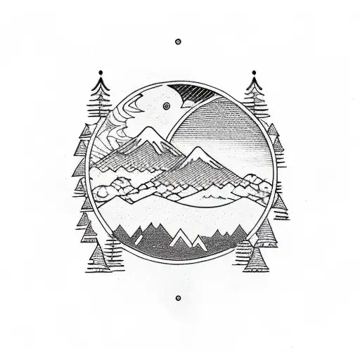 Drawing Of A Minimalist Camp With Campfire And Mountains Inside A Circle