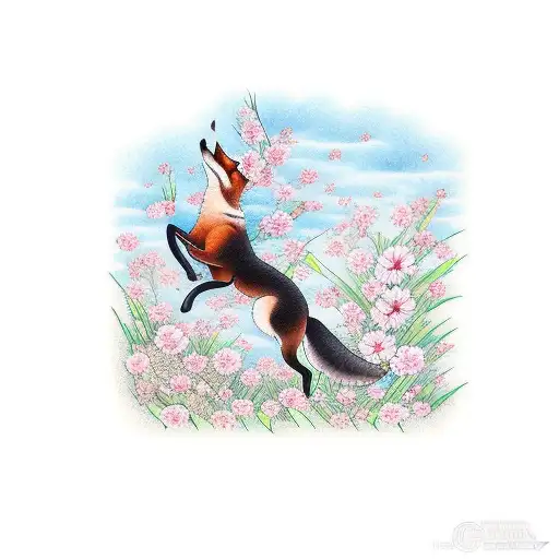 Fox Leaping Over A Field Of Blossoms