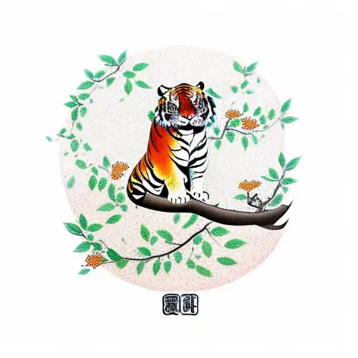 Tiger Climbing An Orange Blossom Tree Branch