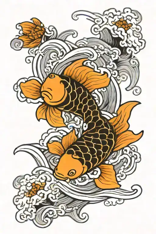 Koi Fish Surrounded By Black And Gray Waves Flowing